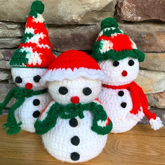 Hand Crafted Other - 3 VTG Snowmen Crocheted Christmas Kitsch Holiday Decor Crochet Set